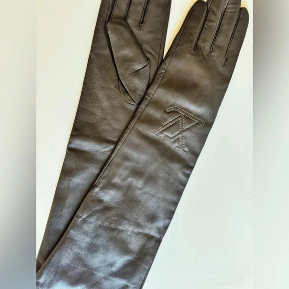 New Fashion LV Long Gloves leather 100% dark brown 7.5 - Picture 2 of 8